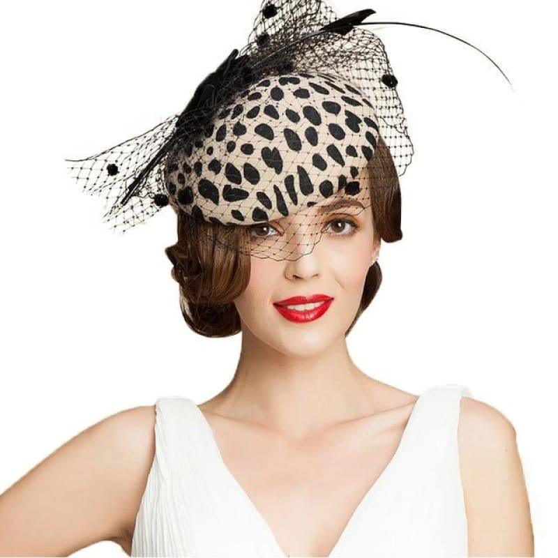 Black Leopard Pillbox Hat With Veil 100% Australian Wool Felt Wedding Hats Women Vintage Bow Cocktail Fedoras - Black Derby Hat - hats
