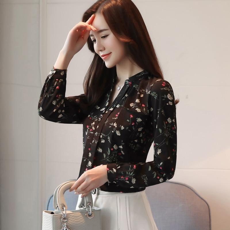 Black Long Sleeve Print Blouse - TeresaCollections