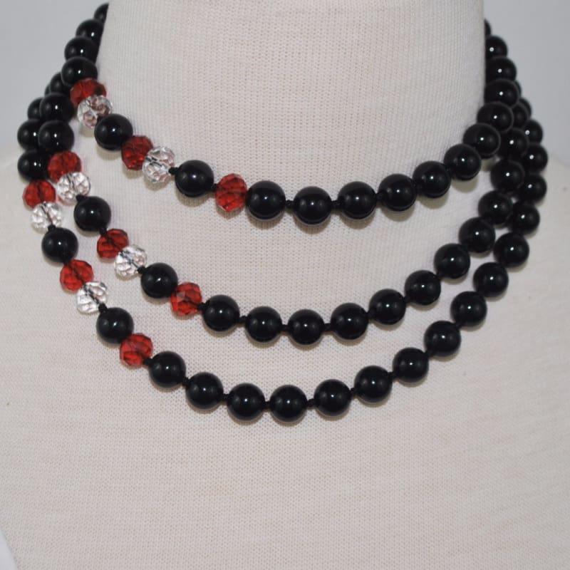 Black Onyx Agate With Red and White Crystal Elegant Beaded Necklace - Handmade