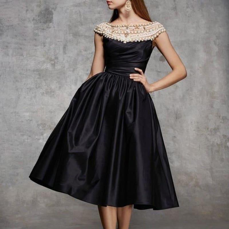 Black Satin Pearl Crystals Boat Neck Evening Sleeveless Party Ball Gown Midi Dress - black / L - Midi