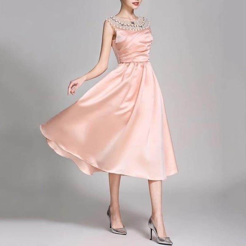 Black Satin Pearl Crystals Boat Neck Evening Sleeveless Party Ball Gown Midi Dress - Pink / L - Midi