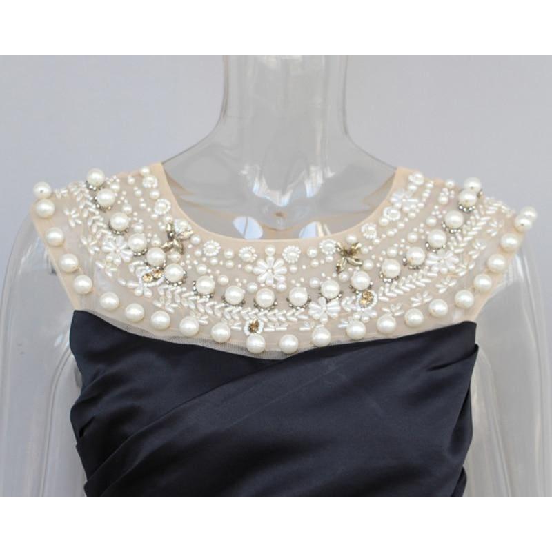 Black Satin Pearl Crystals Boat Neck Evening Sleeveless Party Ball Gown Midi Dress - Midi