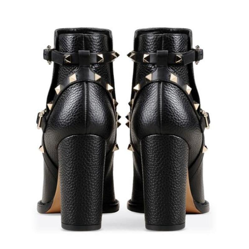 Black Thick High Heel Ankle Strap Studded Spikes Booties - TeresaCollections