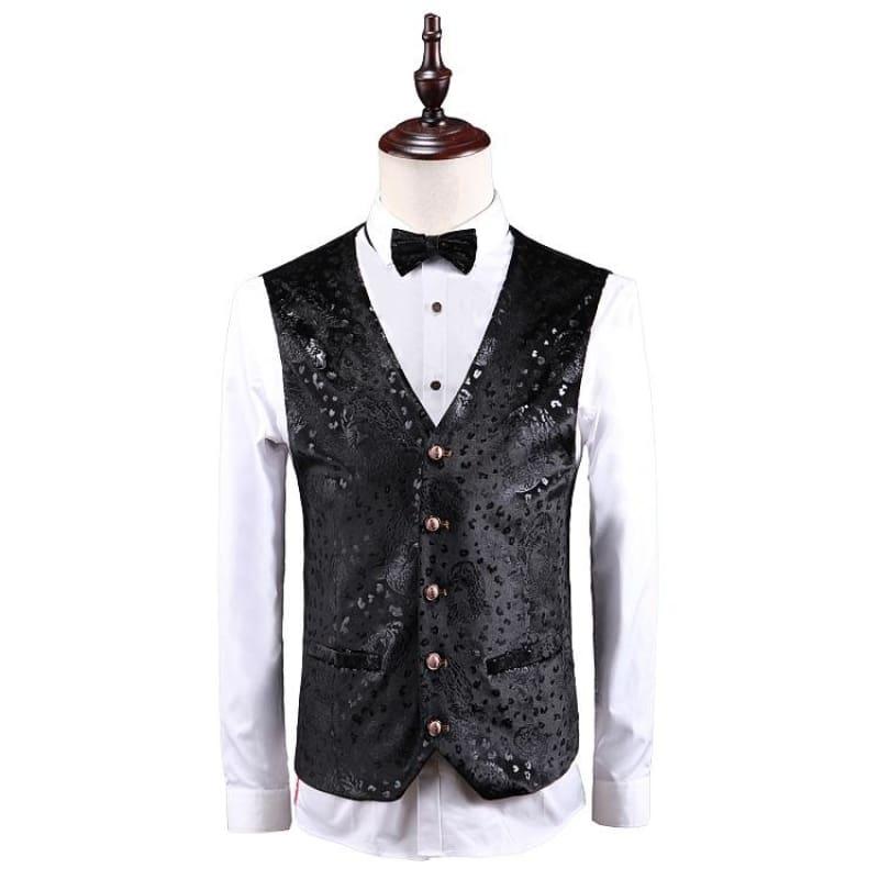 Black Three Piece Mens Floral Print Suit - mens suits