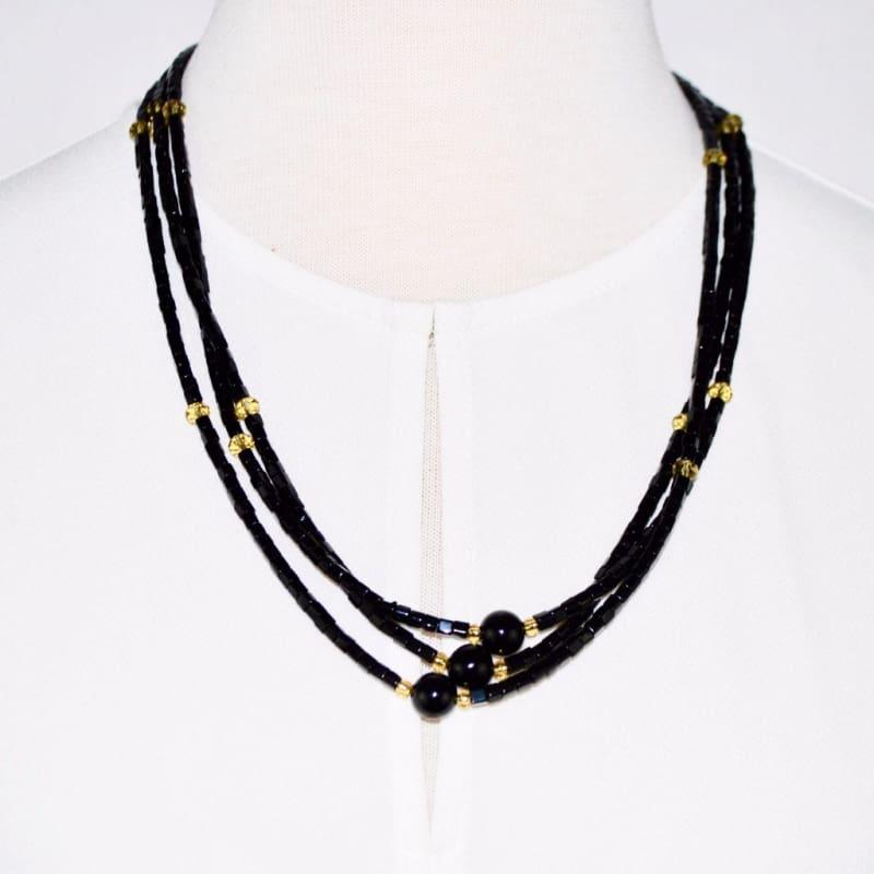 Black Three Strands With Gold Ascent Elegant Necklace - Handmade