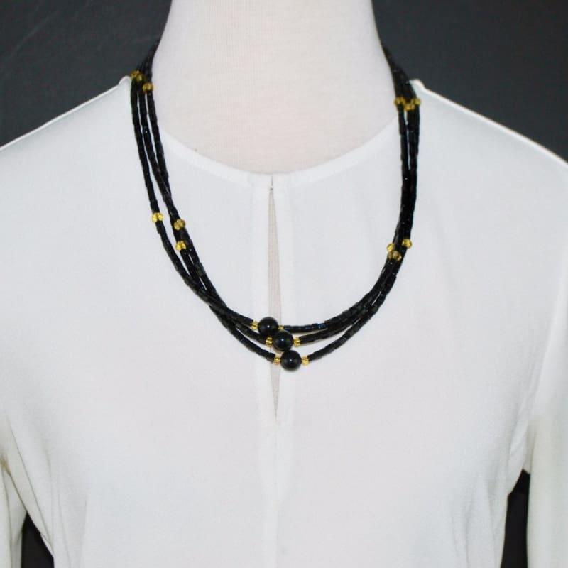 Black Three Strands With Gold Ascent Elegant Necklace - Handmade