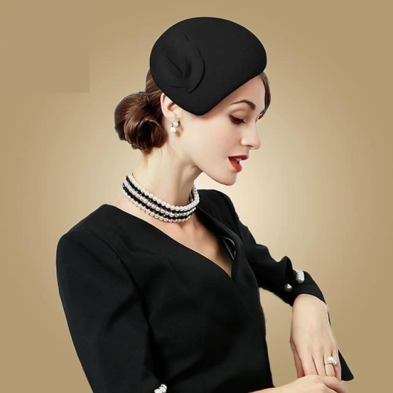 Black Wool Felt Vintage Cocktail Fashion Pillbox Hat - Black - hats