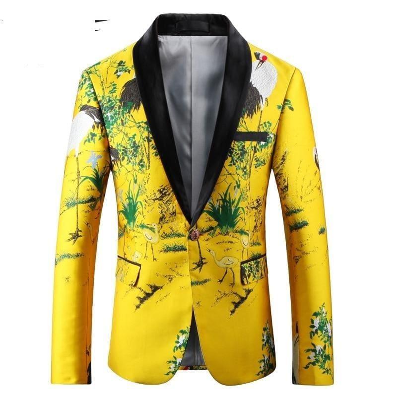 Black Yellow Floral Embroidery Tuxedo Blazer Jacket - Mens jackets