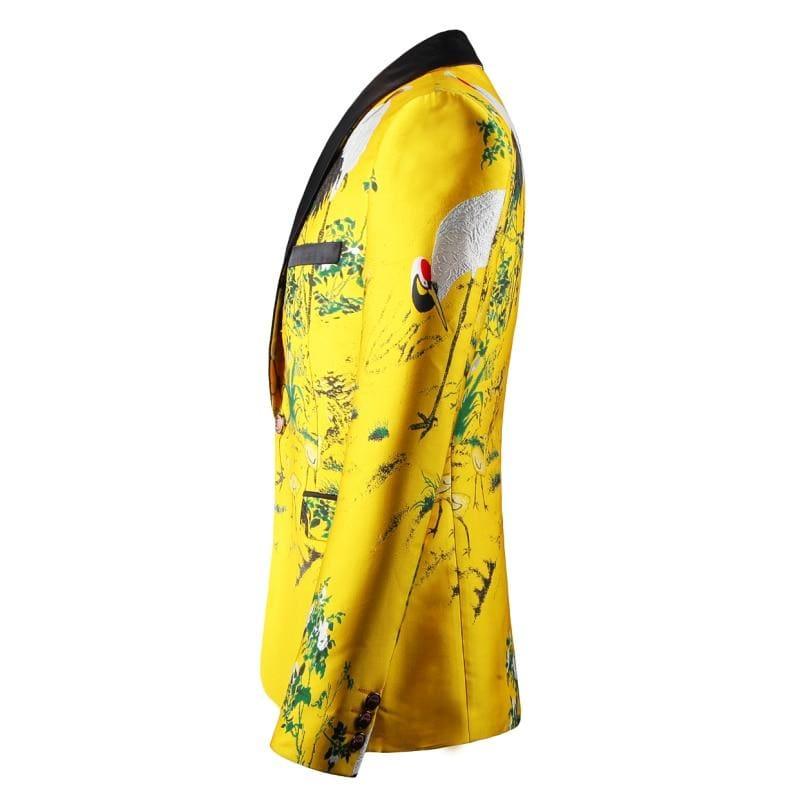 Black Yellow Floral Embroidery Tuxedo Blazer Jacket - Mens jackets