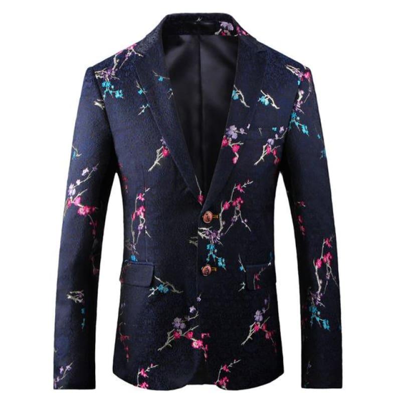 Black Yellow Floral Embroidery Tuxedo Blazer Jacket - Black / XXXL - Mens jackets