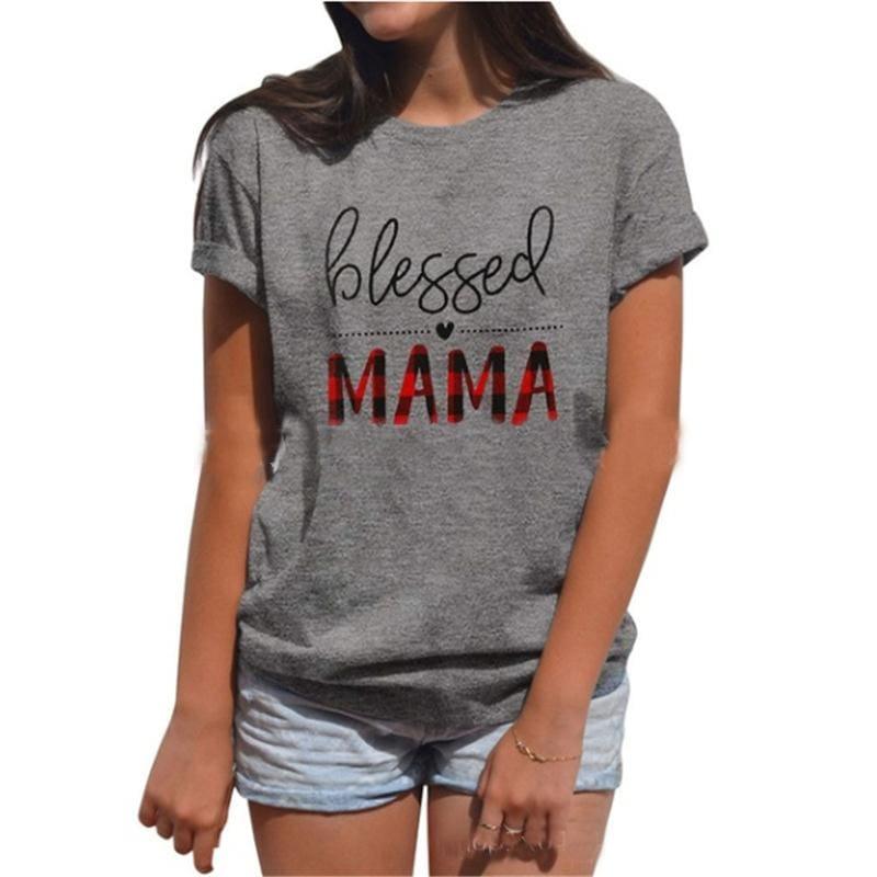 Blessed Mama Letter Print Womens Clothes Short Sleeve Basic T-shirt - T-shirt