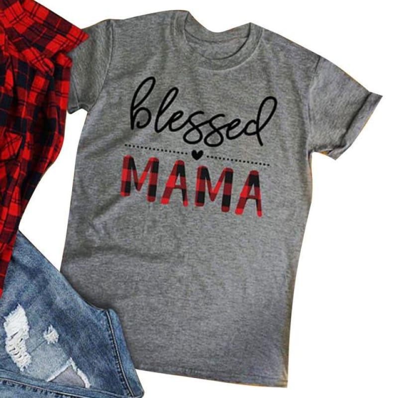 Blessed Mama Letter Print Womens Clothes Short Sleeve Basic T-shirt - Gray / S - T-shirt