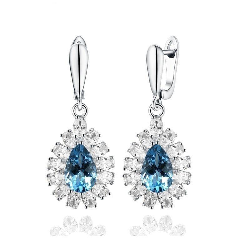 Blooming Flower Natural Sky Blue Topaz Pear 8*12 7ct Gemstone 925 sterling Silver Hook Earring - Earrings