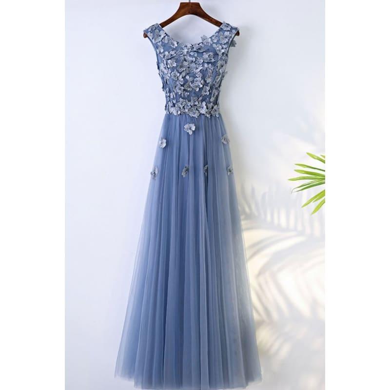 Blue Abiye High Quality A-line Prom Dress Scoop Neck Tulle Flowers Evening Dress - Blue / 2 - Gown