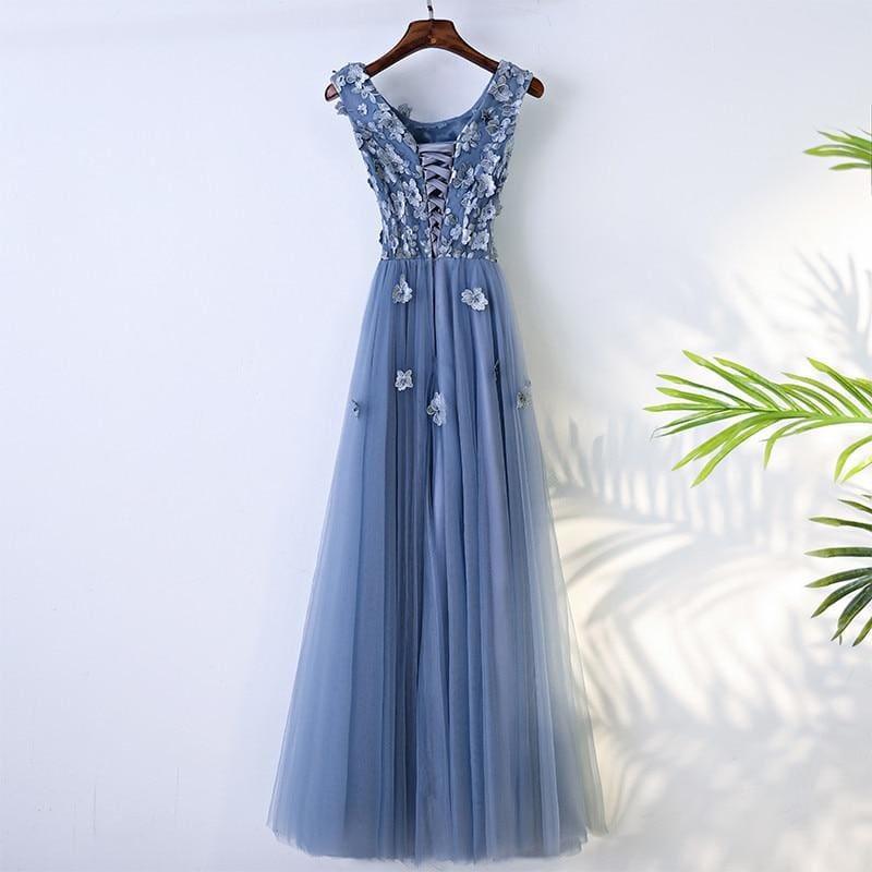 Blue Abiye High Quality A-line Prom Dress Scoop Neck Tulle Flowers Evening Dress - Gown