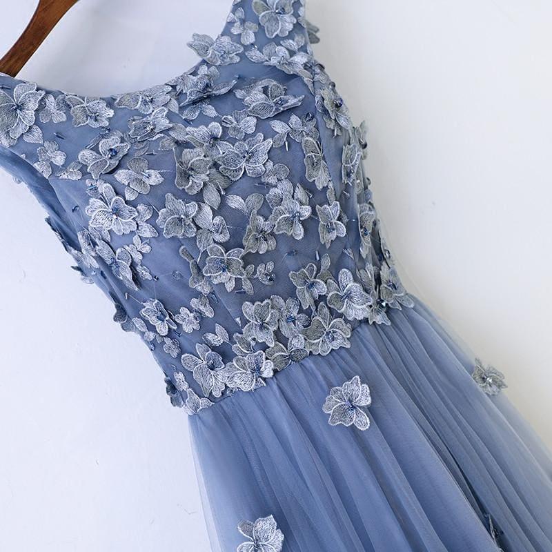 Blue Abiye High Quality A-line Prom Dress Scoop Neck Tulle Flowers Evening Dress - Gown