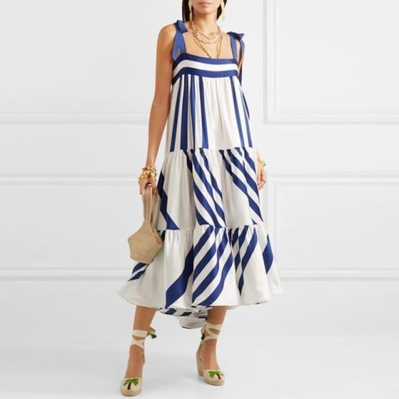 Blue and White Striped Spaghetti Strap Long Back Less Bow Lace Up Maxi Dress - as picture / L - Maxi Dress