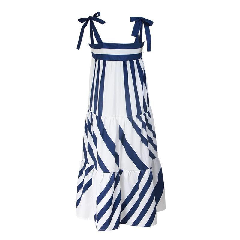 Blue and White Striped Spaghetti Strap Long Back Less Bow Lace Up Maxi Dress - Maxi Dress
