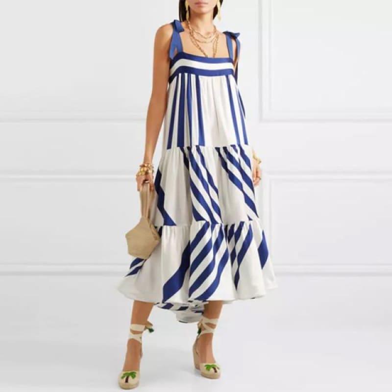 Blue and White Striped Spaghetti Strap Long Back Less Bow Lace Up Maxi Dress - Maxi Dress