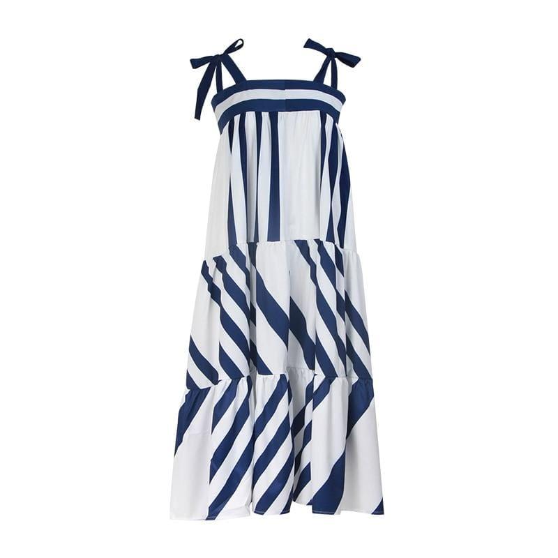 Blue and White Striped Spaghetti Strap Long Back Less Bow Lace Up Maxi Dress - Maxi Dress