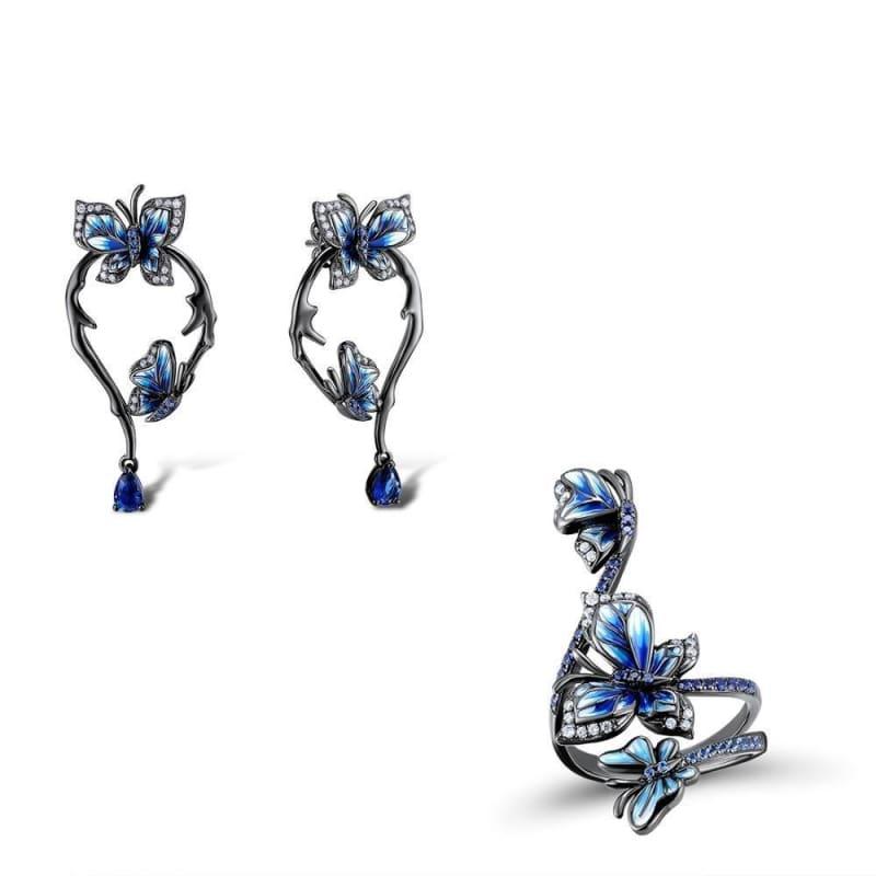 Blue Butterfly Ring Earrings Set 925 Sterling Silver Handmade Enamel Fashion Jewelry Set - 8 - jewelry set