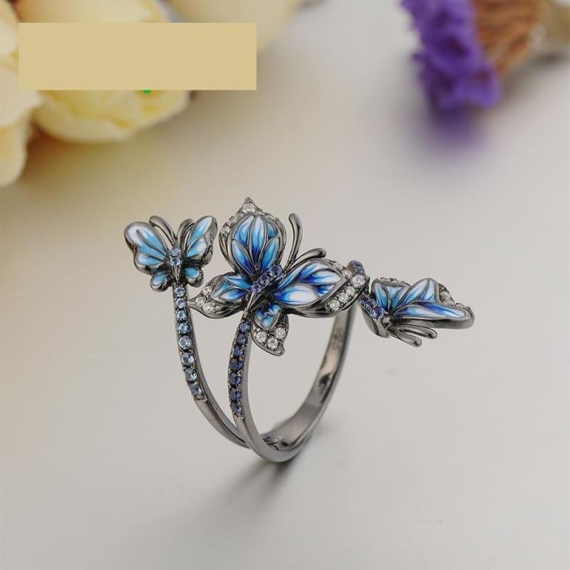 Blue Butterfly Ring Earrings Set 925 Sterling Silver Handmade Enamel Fashion Jewelry Set - jewelry set