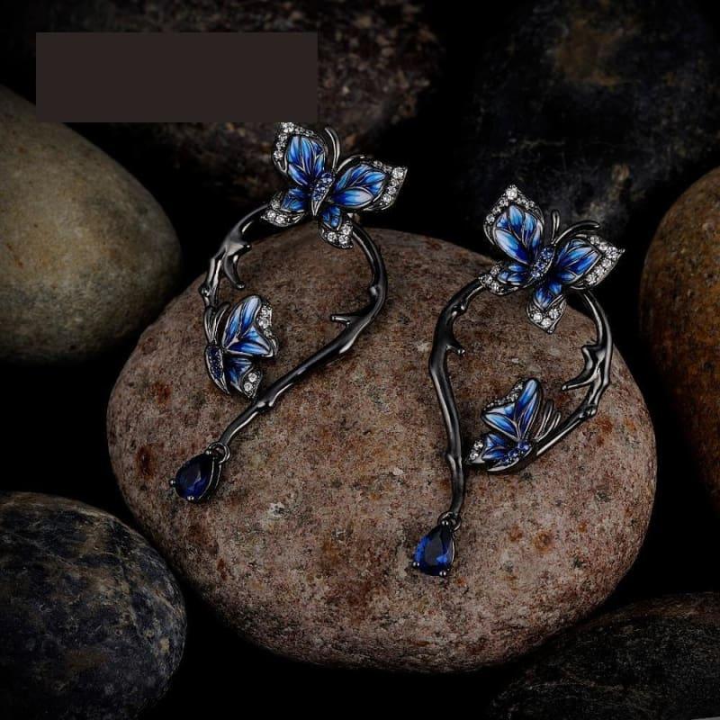 Blue Butterfly Ring Earrings Set 925 Sterling Silver Handmade Enamel Fashion Jewelry Set - jewelry set