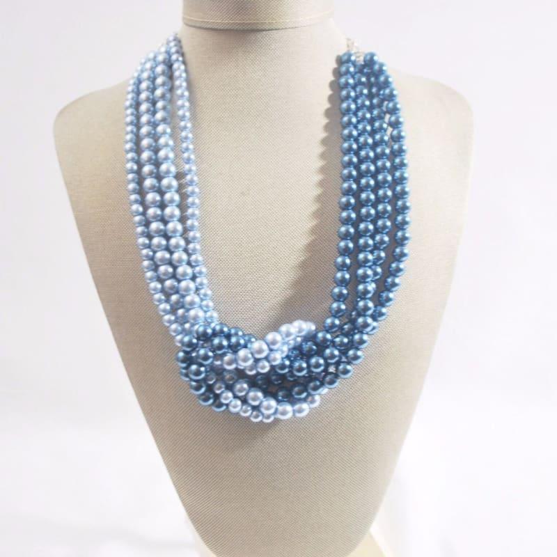 Blue ColorBlock Interlocking Glass Pearls Necklace - Handmade