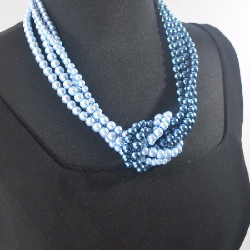 Blue ColorBlock Interlocking Glass Pearls Necklace - Handmade