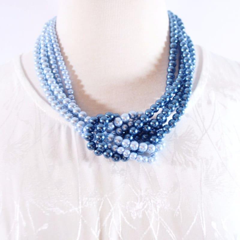 Blue ColorBlock Interlocking Glass Pearls Necklace - TeresaCollections