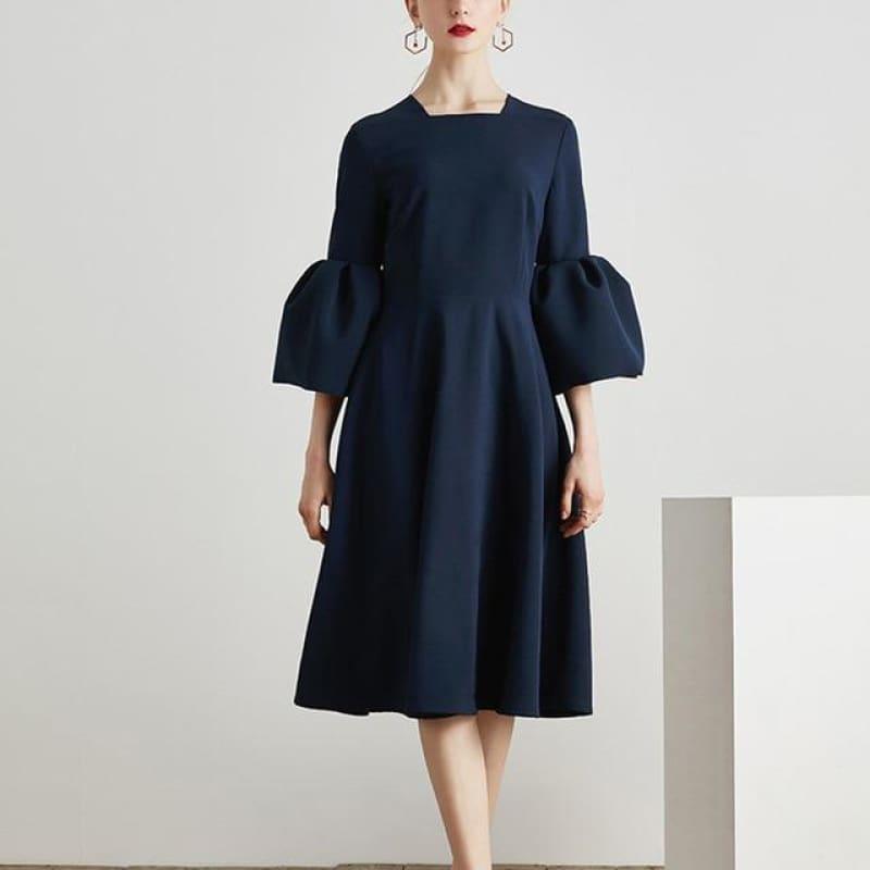 Blue Flare Sleeve Square Collar Tunic High Waist Draped Midi Dress - Midi Dress