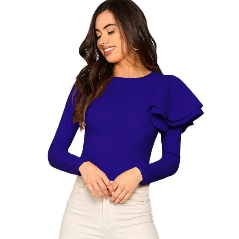 Blue Long Sleeve Office Ladies Zip Back Ruffle One Sleeve Blouse - TeresaCollections