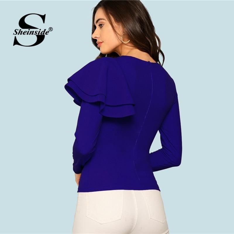 Blue Long Sleeve Office Ladies Zip Back Ruffle One Sleeve Blouse - TeresaCollections