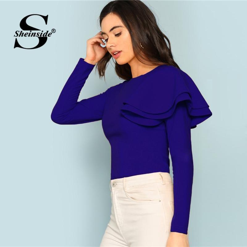 Blue Long Sleeve Office Ladies Zip Back Ruffle One Sleeve Blouse - TeresaCollections