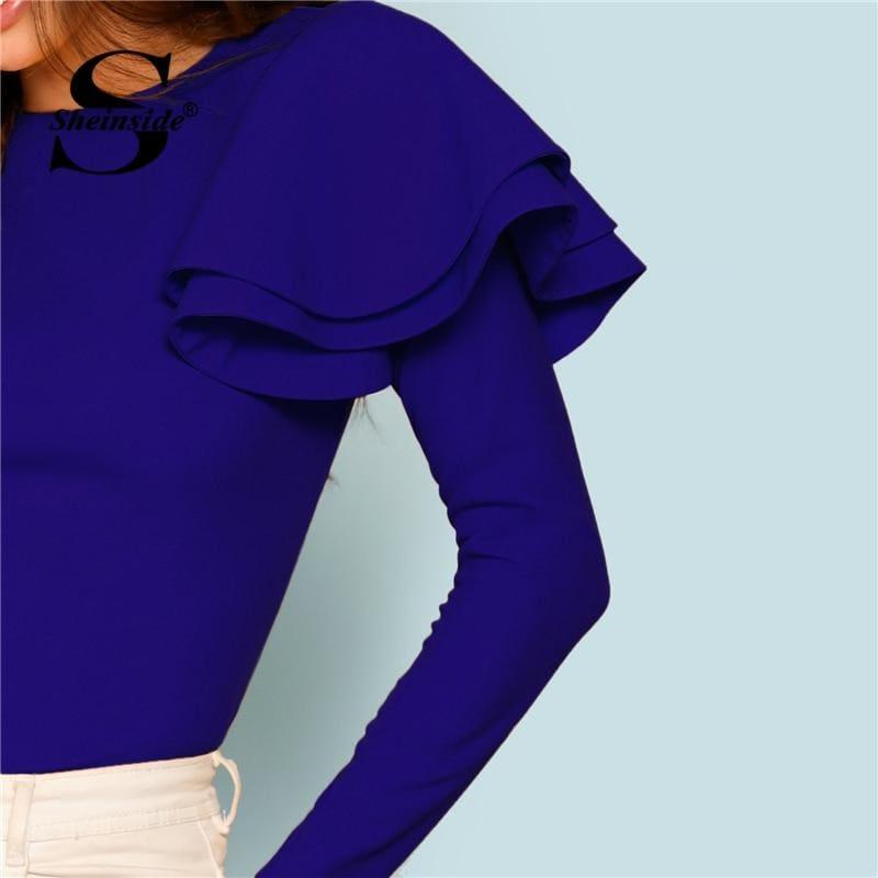 Blue Long Sleeve Office Ladies Zip Back Ruffle One Sleeve Blouse - Long Sleeve