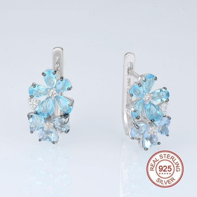 Blue Stone White Cubic Zirconia Ring Earrings Pure 925 Sterling Silver Fashion Jewelry Set - jewelry set