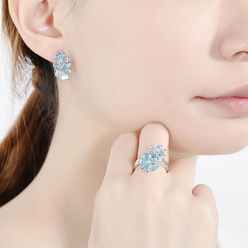 Blue Stone White Cubic Zirconia Ring Earrings Pure 925 Sterling Silver Fashion Jewelry Set - jewelry set