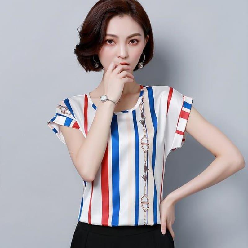 Blue Stripes Summer Chiffon Loose Blouse - Sleeveless