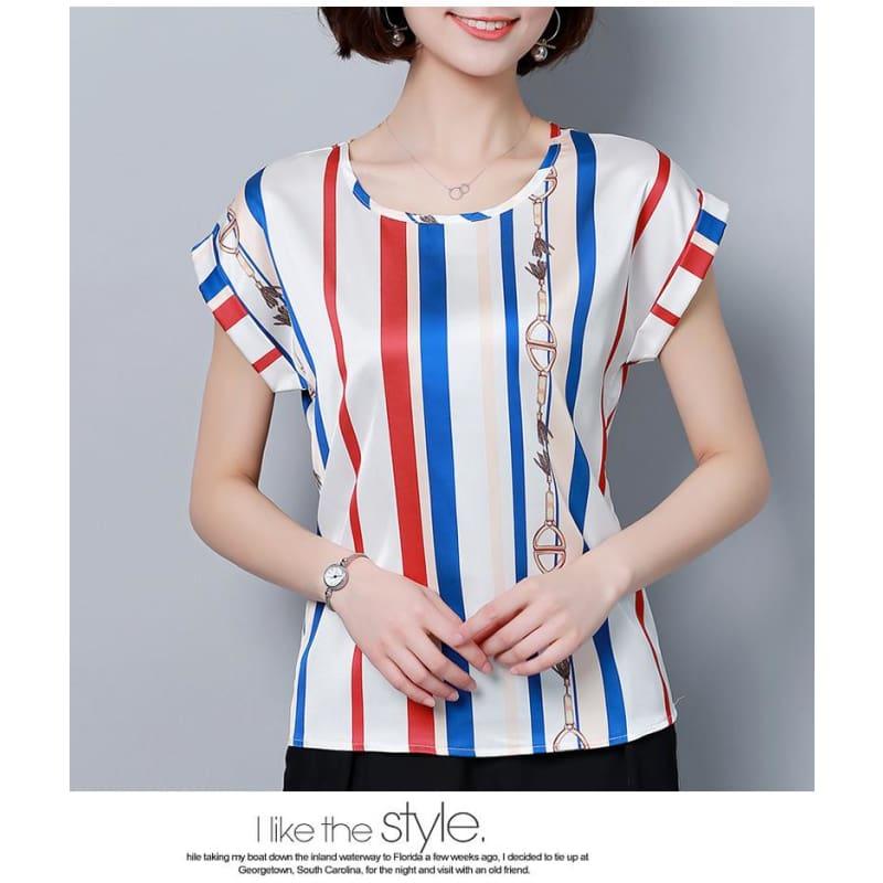 Blue Stripes Summer Chiffon Loose Blouse - Sleeveless