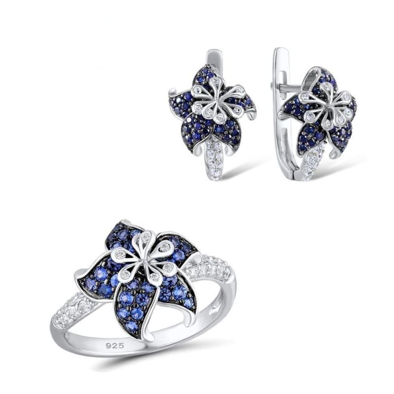 Blue White CZ Ring Earrings Set Authentic 100% 925 Sterling Silver Fashion Jewelry Set - Jewelry Set