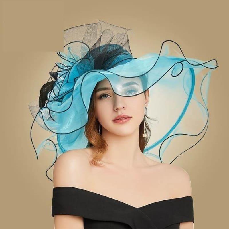 Blue Wide Brim Big Floral Organza Tea Party Hat Elegant Summer Kentucky Derby Hat - Blue / 56-58CM - hats