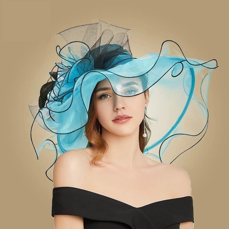 Blue Wide Brim Big Floral Organza Tea Party Hat Elegant Summer Kentucky Derby Hat - hats