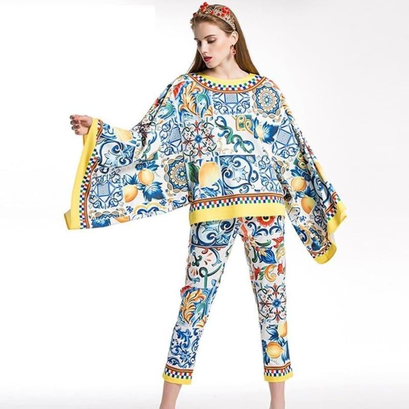 Boat Neck Two Piece Set Porcelain Print Twinset Batwing Sleeve Top + Calf-Length Pencil Pants Suit - multi / S - Set