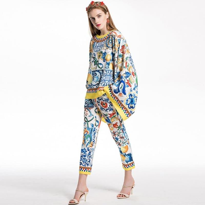 Boat Neck Two Piece Set Porcelain Print Twinset Batwing Sleeve Top + Calf-Length Pencil Pants Suit - Set