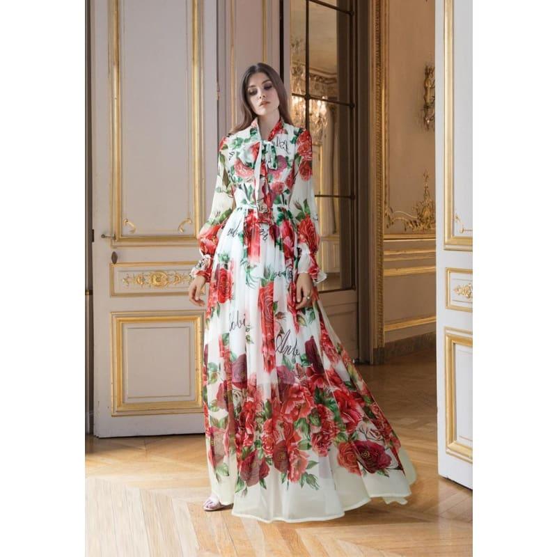 Boho Maxi Dress Women's Elegant Dress Bow Collar Floor-Length Maxi Dress - TeresaCollections