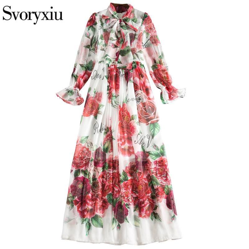 Boho Maxi Dress Women's Elegant Dress Bow Collar Floor-Length Maxi Dress - TeresaCollections