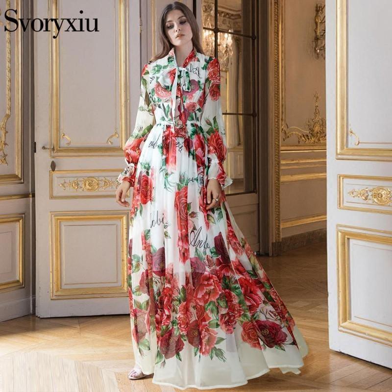 Boho Maxi Dress Women's Elegant Dress Bow Collar Floor-Length Maxi Dress - TeresaCollections