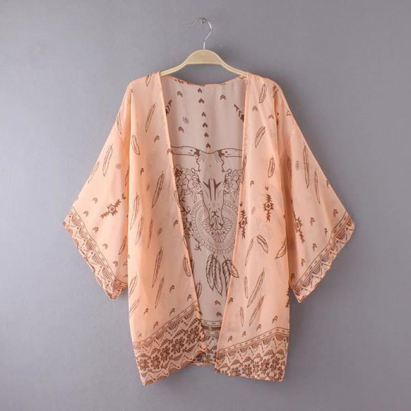 Boho Printed Chiffon Print Loose Kimono Blouse - Orange / L