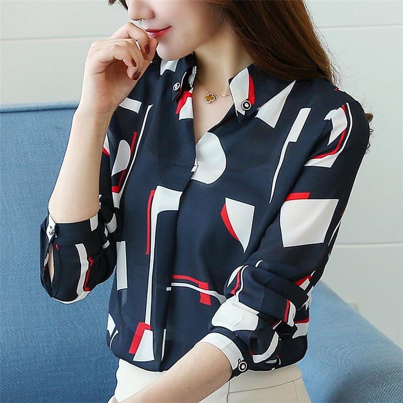 Botton-up V-neck Long Sleeve Women Chiffon Blouse - TeresaCollections