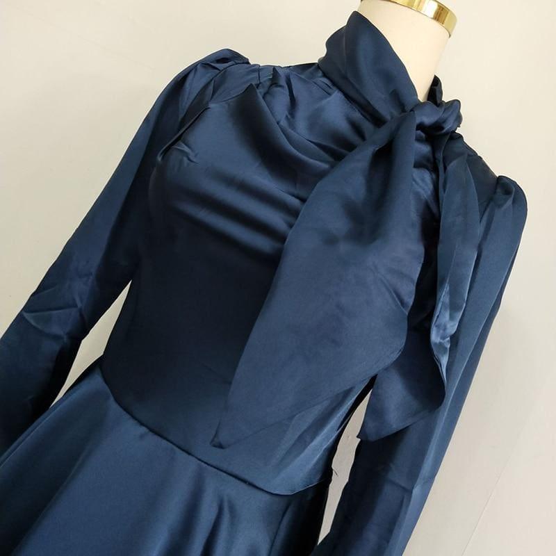 Bow Collar High Waist Lace Up Streetwear Fashion Long Sleeve Mini Dress - TeresaCollections